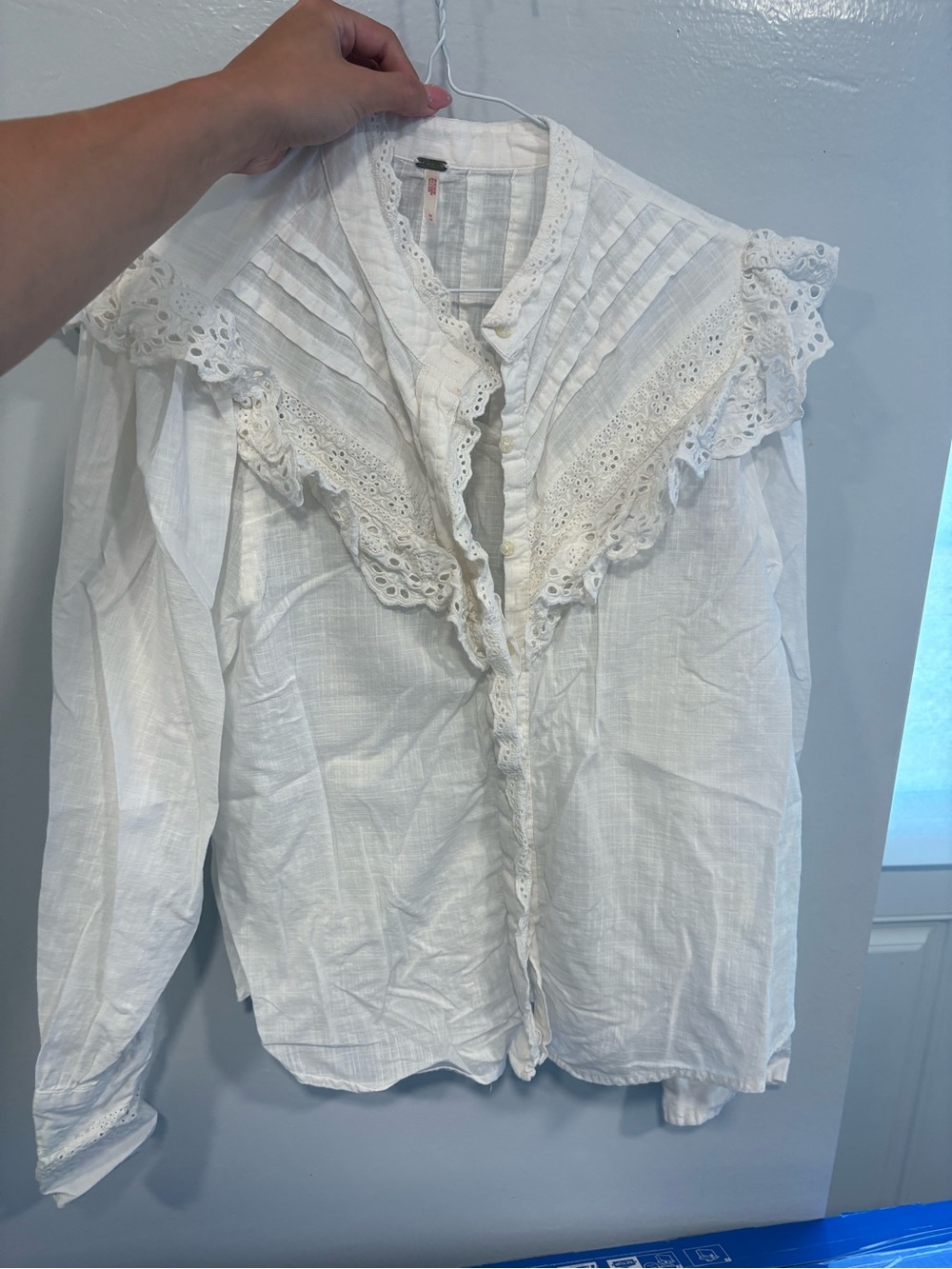 Women's White Lace-Trim Button Front Blouse- Free People